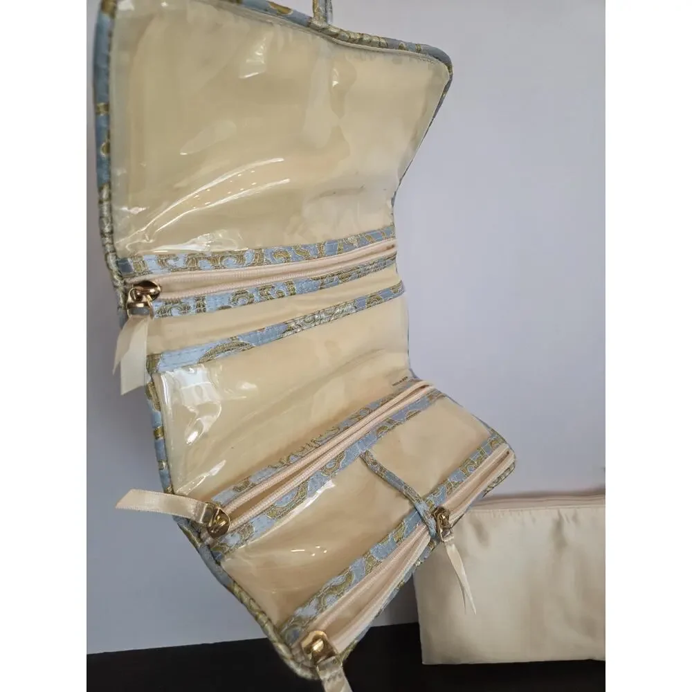 4 Piece Chinoiserie Zip Travel Cosmetic Tote Bag Set Blue Gold Satin